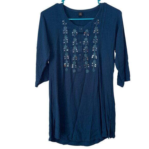 Blue Embroidered 3/4 Sleeve Tunic Top Large - Picture 1 of 5